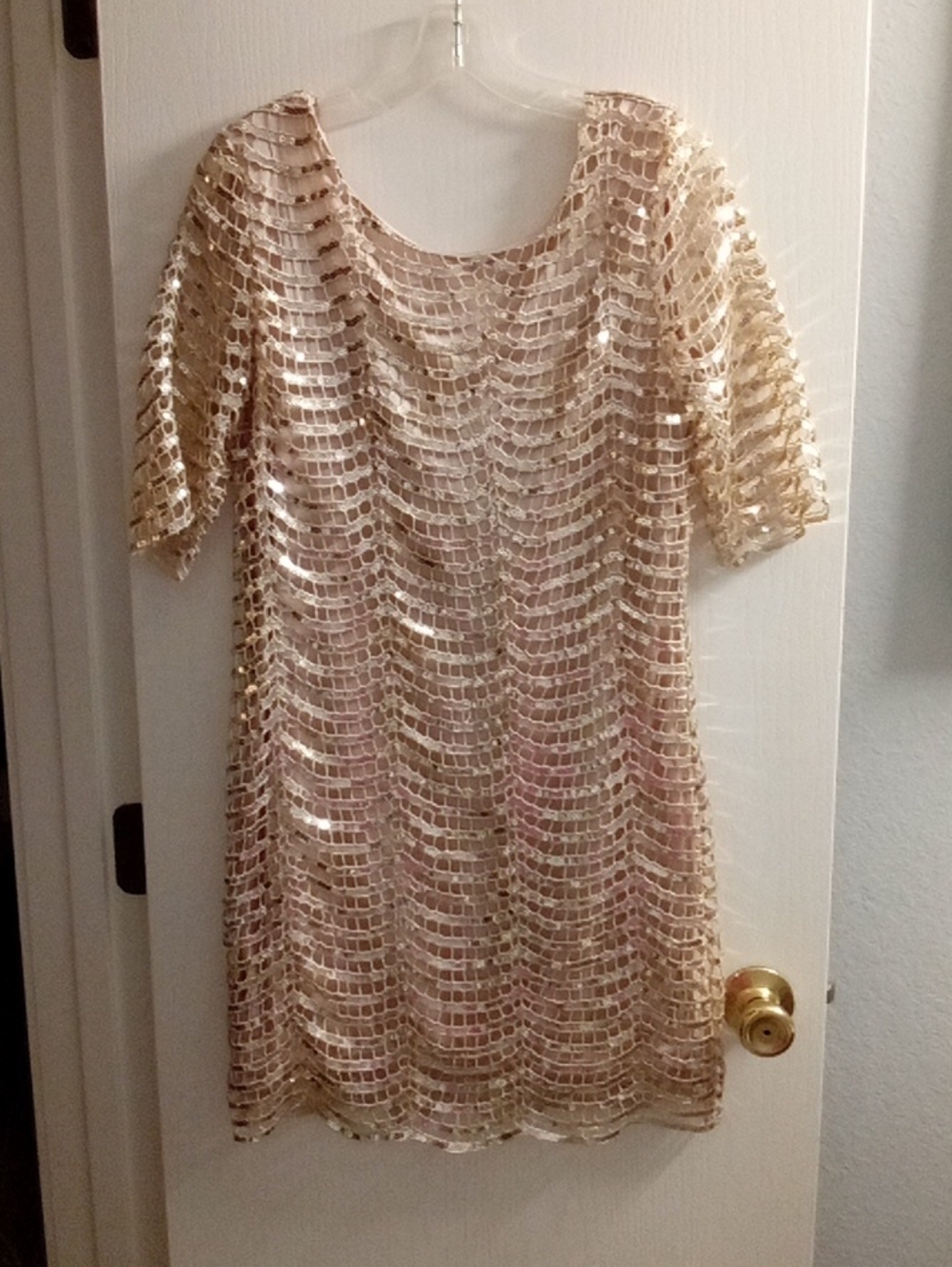Sequin Overlay Shift Dress in Champagne